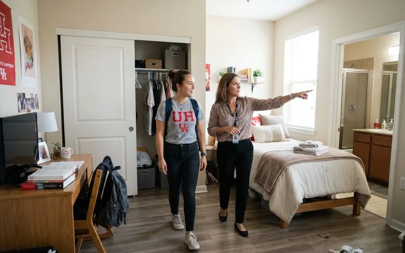 Students touring an off-campus apartment near a Houston university, checking bedroom size and shared common space