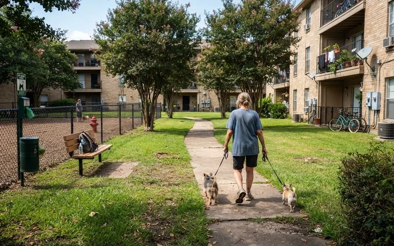 A dog owner walking their pet through a courtyard with pet waste stations at a Houston apartment community