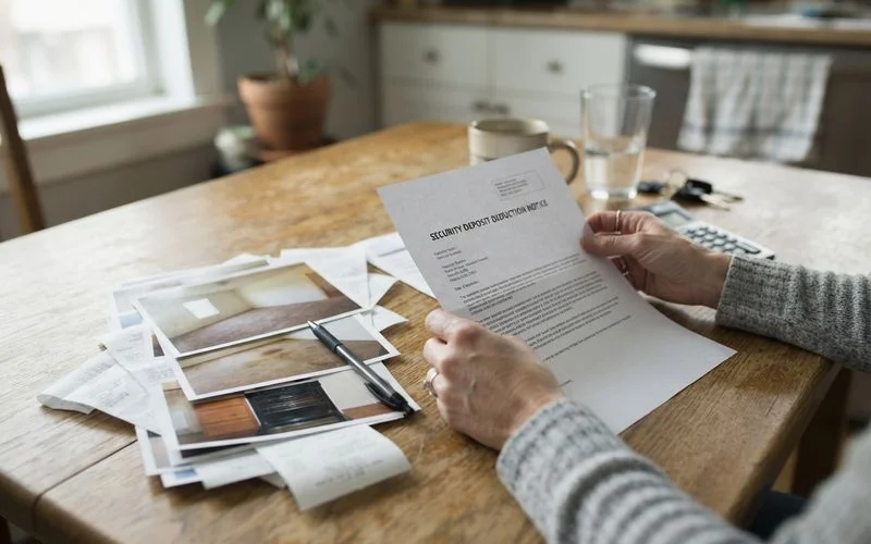 A renter reviewing an itemized security deposit deduction letter next to a move-out checklist