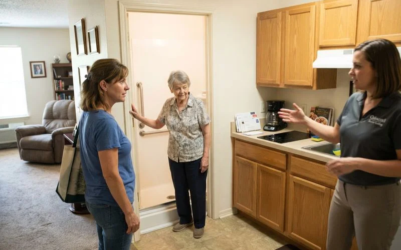 An adult child touring a 55+ apartment community in Houston with a parent, checking accessibility features