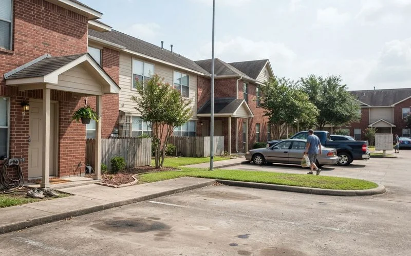 A townhome-style apartment building in Houston with a small private yard area and surface parking nearby